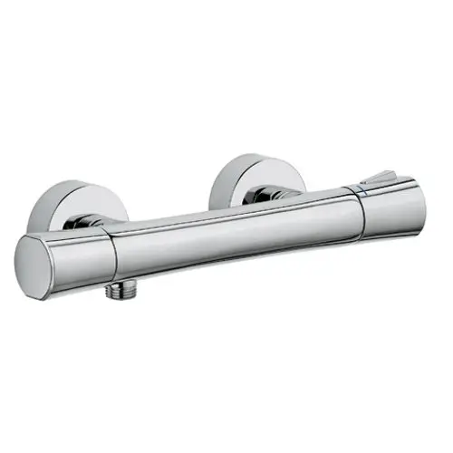 Thermostatische Brausearmatur in Chrom-Optik von Kludi, mit runden Halterungen und einem Bedienknopf zur Regulierung der Wassertemperatur.